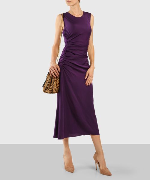 purple ruched midi dress